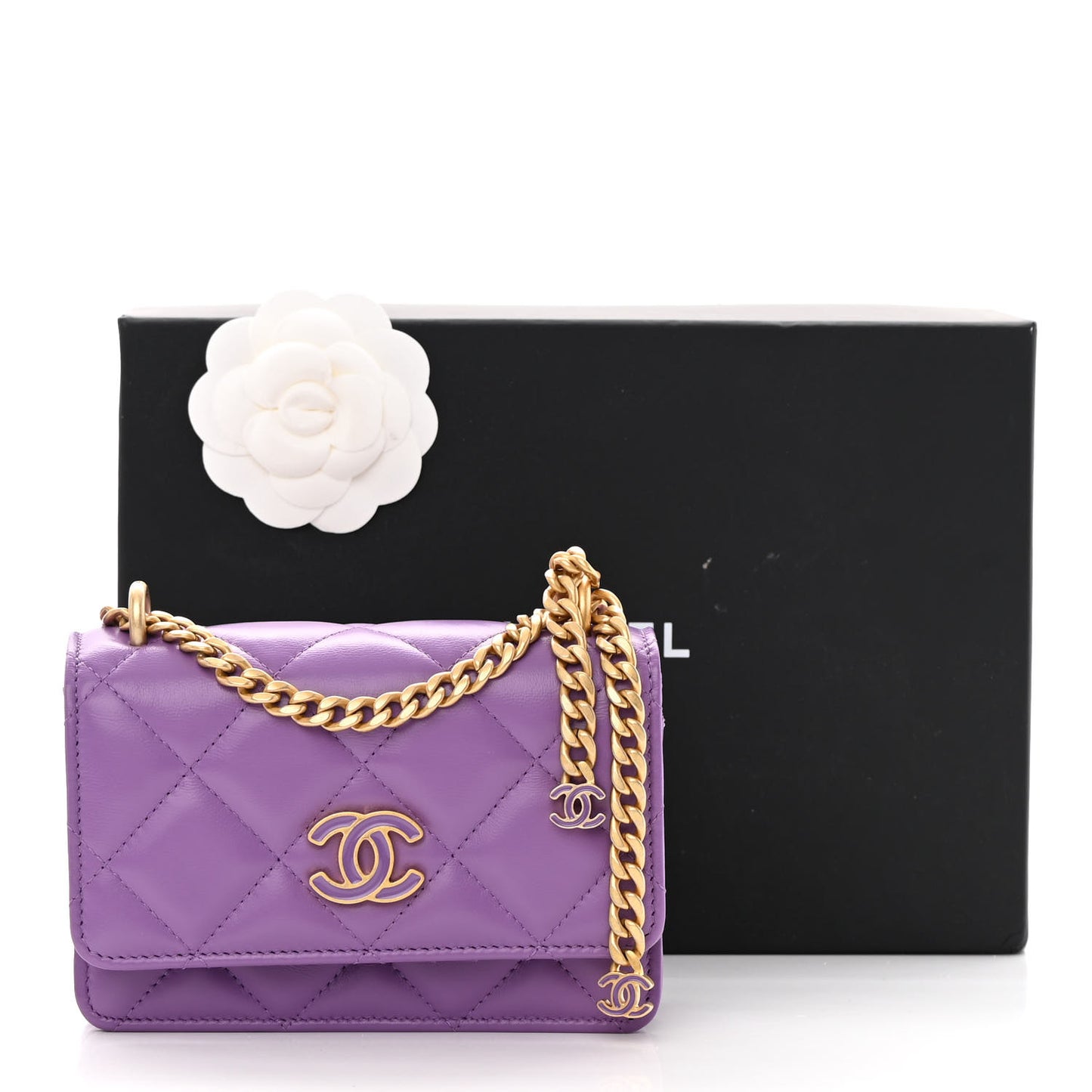 Lambskin Enamel Quilted Pending CC Clutch With Chain Purple