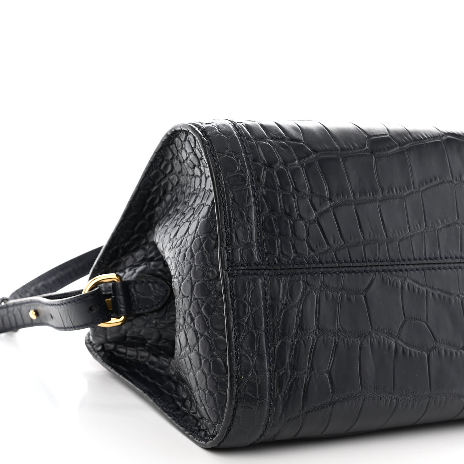 Alexander McQueen Calfskin Crocodile Embossed Small Skull Padlock Zip Around Tote Navy Blue 9 of 10