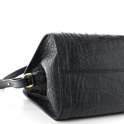 Alexander McQueen Calfskin Crocodile Embossed Small Skull Padlock Zip Around Tote Navy Blue 9 of 10