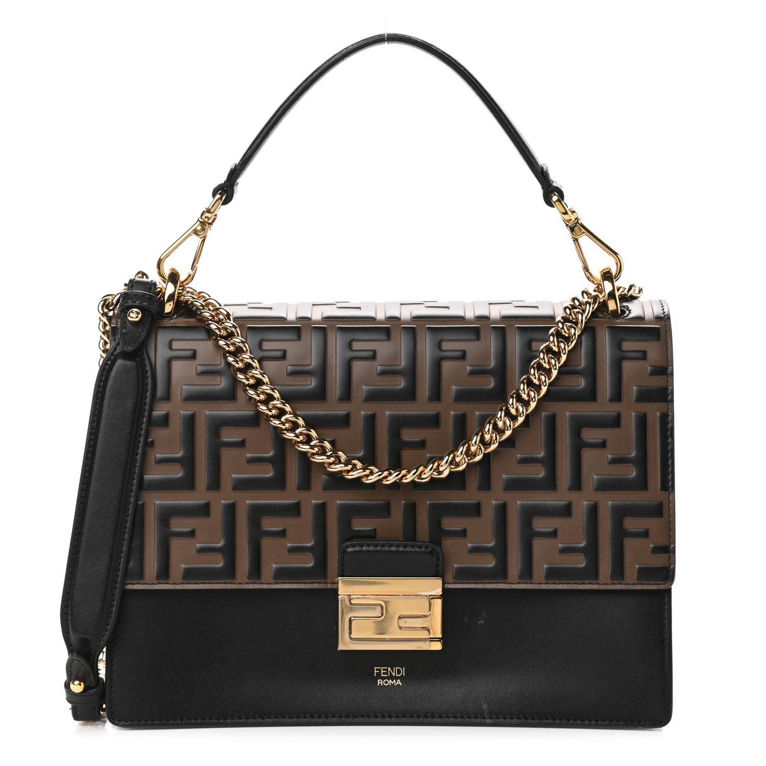 Fendi Vitello Liberty Bi-Color FF 1974 Embossed Chain Strap Kan U Shoulder Bag Black Maya 1 of 10