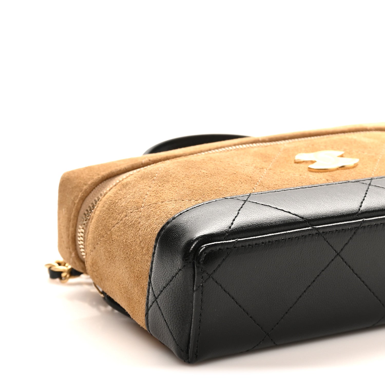 Chanel Suede Calfskin Shiny Lambskin Stitched Top Handle Slim Vanity Case With Chain Beige Black 9 of 11