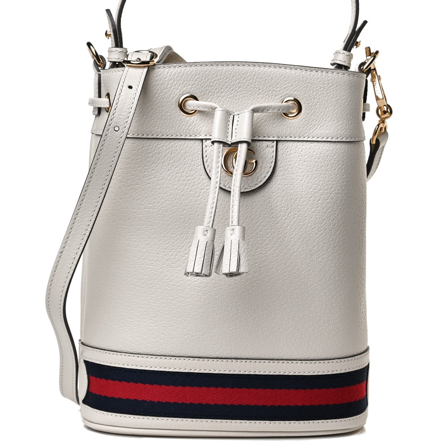 Glazed Textured Calfskin Web Small Ophidia Bucket Bag Mystic White