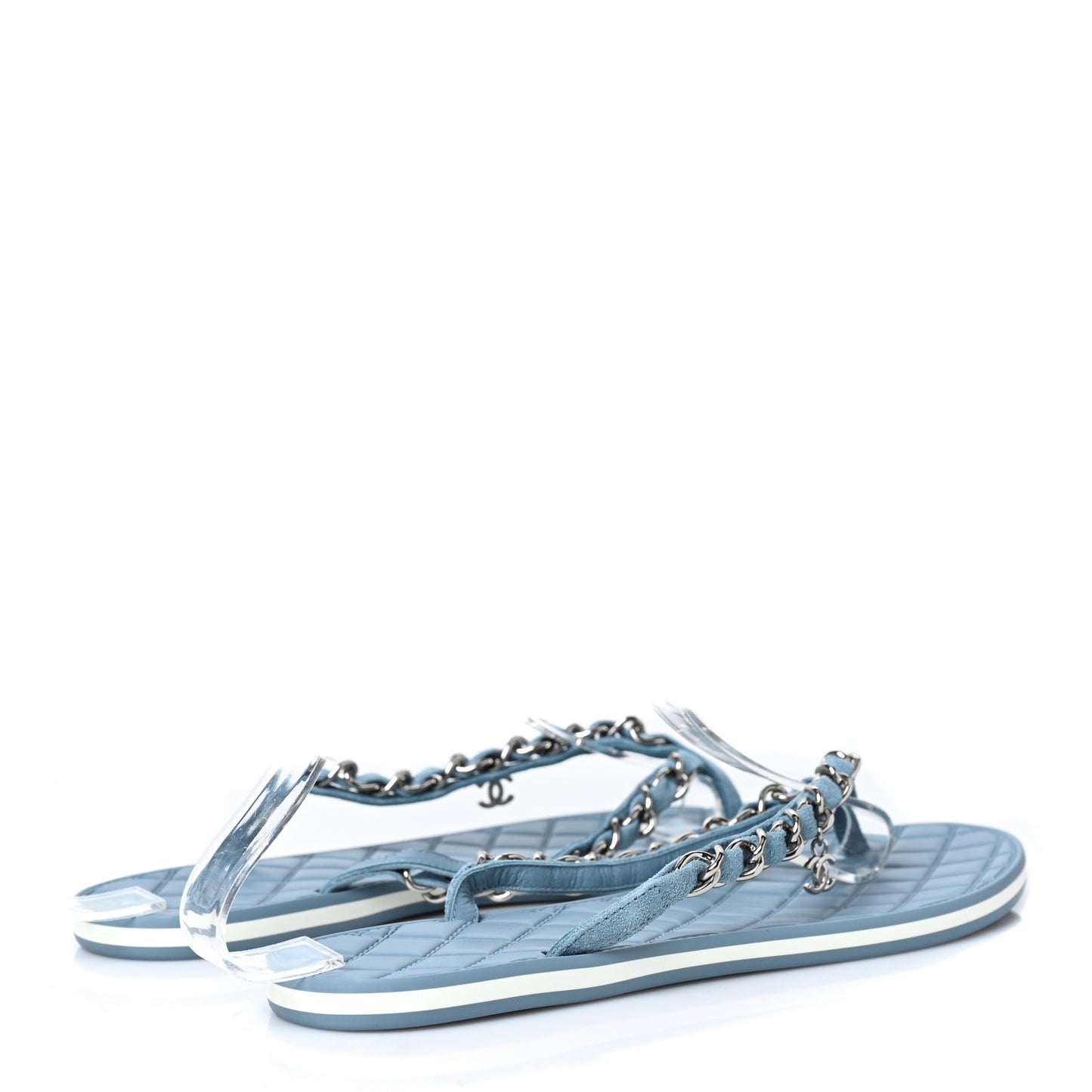 Suede Calfskin Quilted Chain Thong Sandals 38 Light Blue
