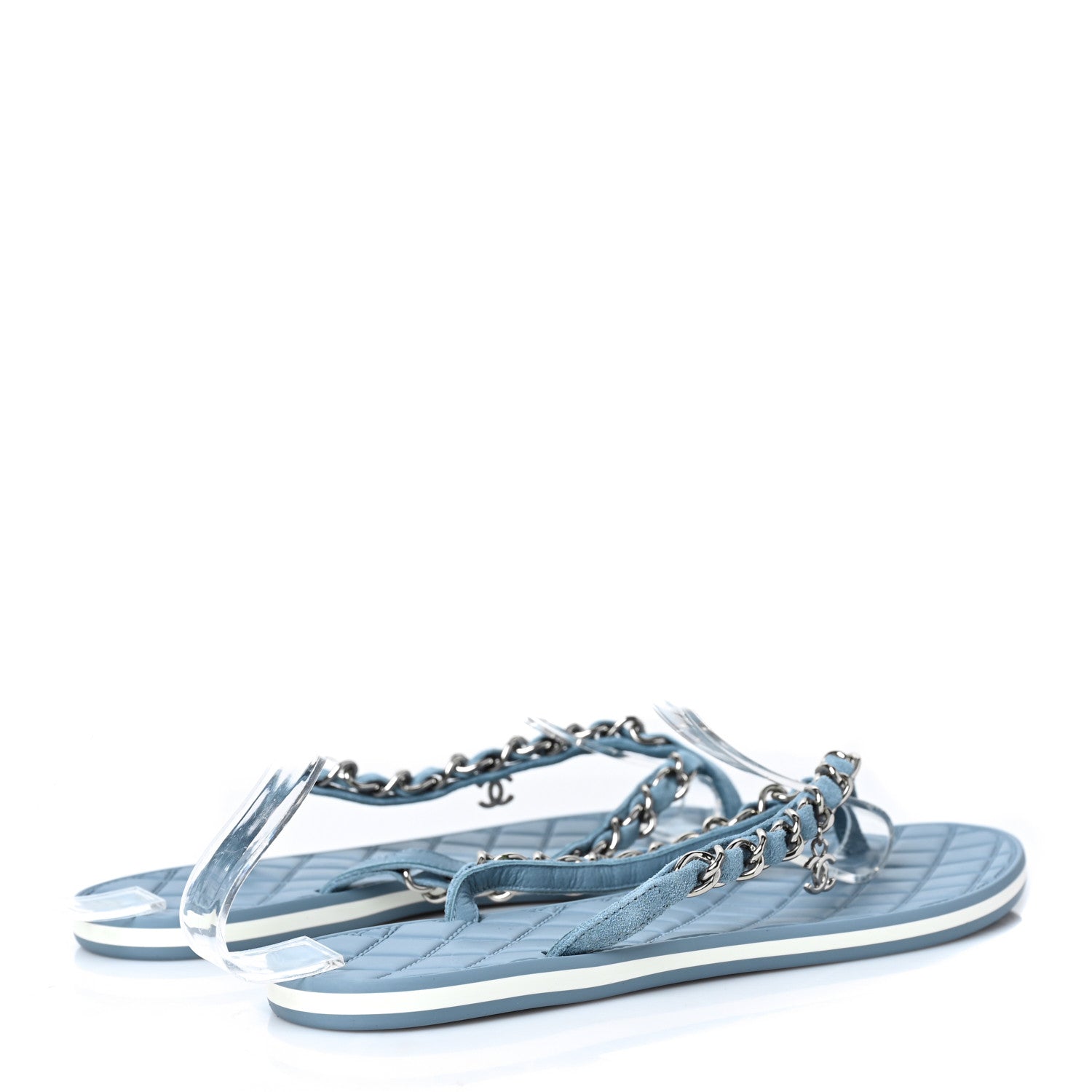 Chanel Suede Calfskin Quilted Chain Thong Sandals 38 Light Blue 4 of 8