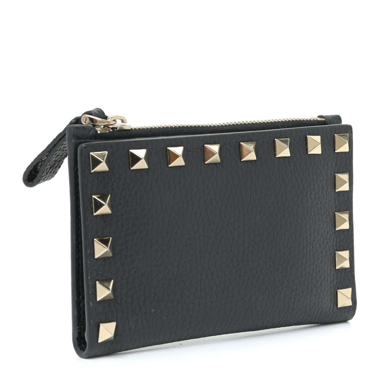 Pebbled Calfskin Rockstud Coin Case Card Holder Black