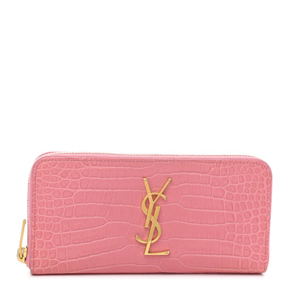 Saint Laurent Calfskin Crocodile Embossed Monogram Zip Around Wallet Pink 1 of 6
