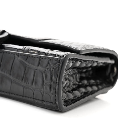 Balenciaga Shiny Calfskin Monochrome Crocodile Embossed Hourglass Chain Bag Black 9 of 11