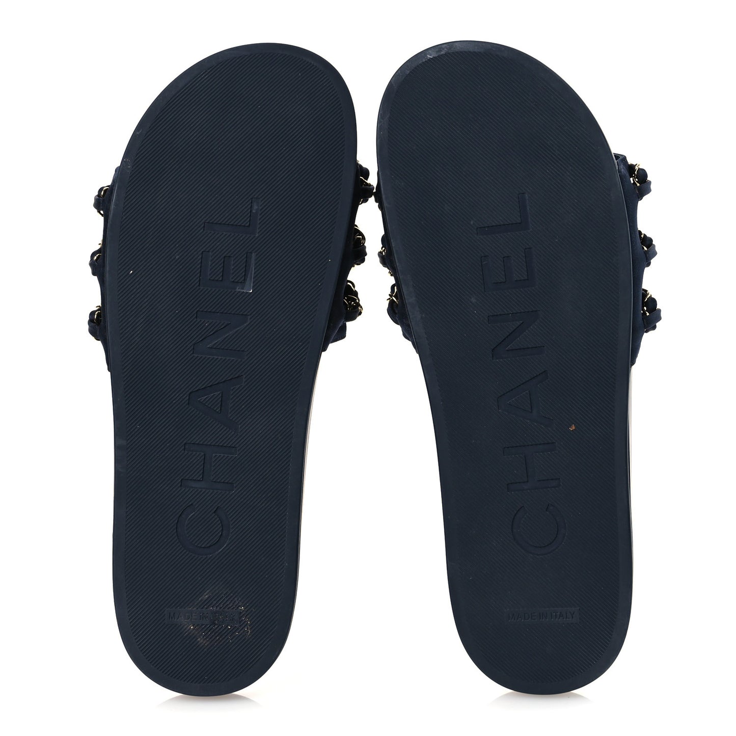 Satin Canvas Chain Slides Sandals Flats 40 Marine