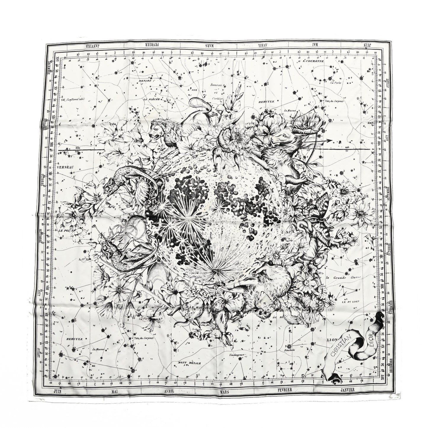 Silk Zodiac Print Square Scarf 55 Black White