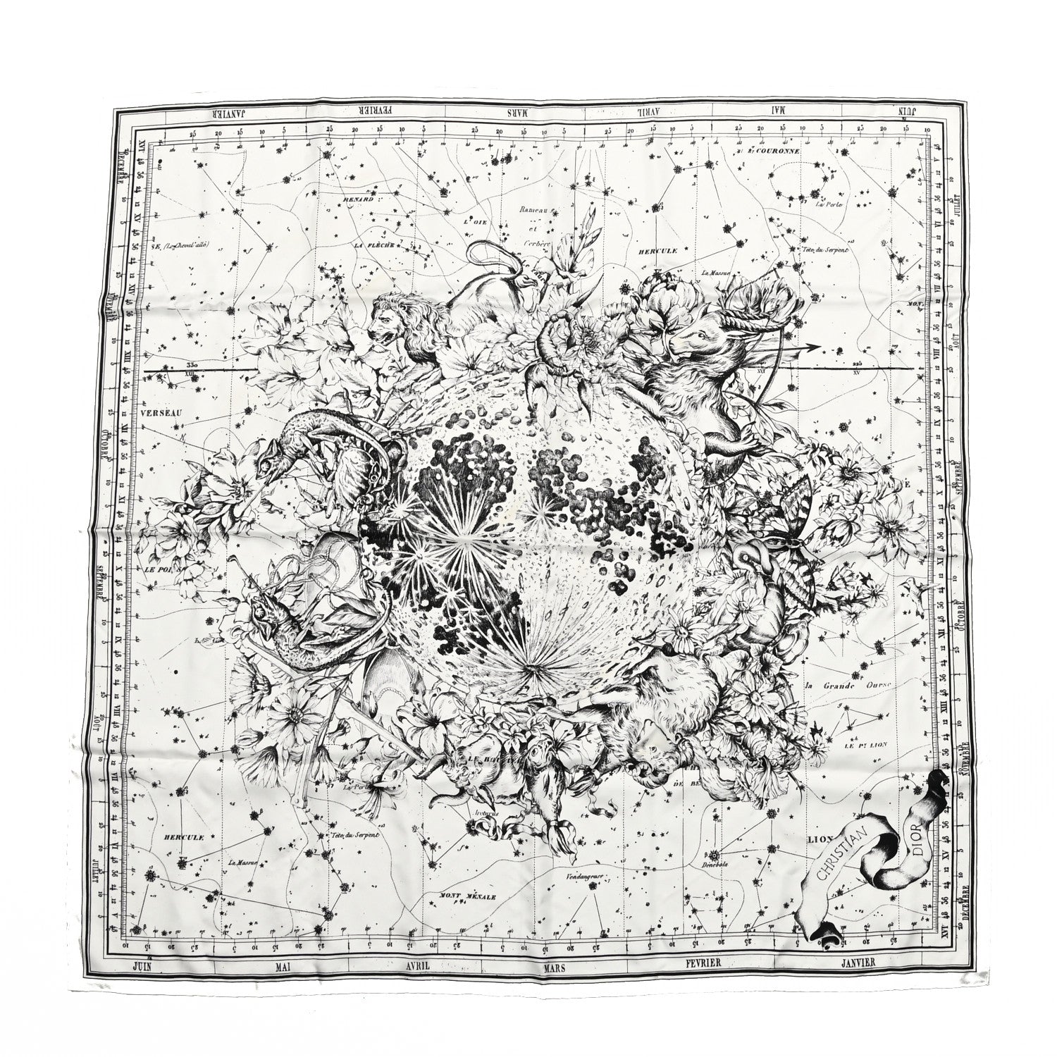 Christian Dior Silk Zodiac Print Square Scarf 55 Black White 1 of 4