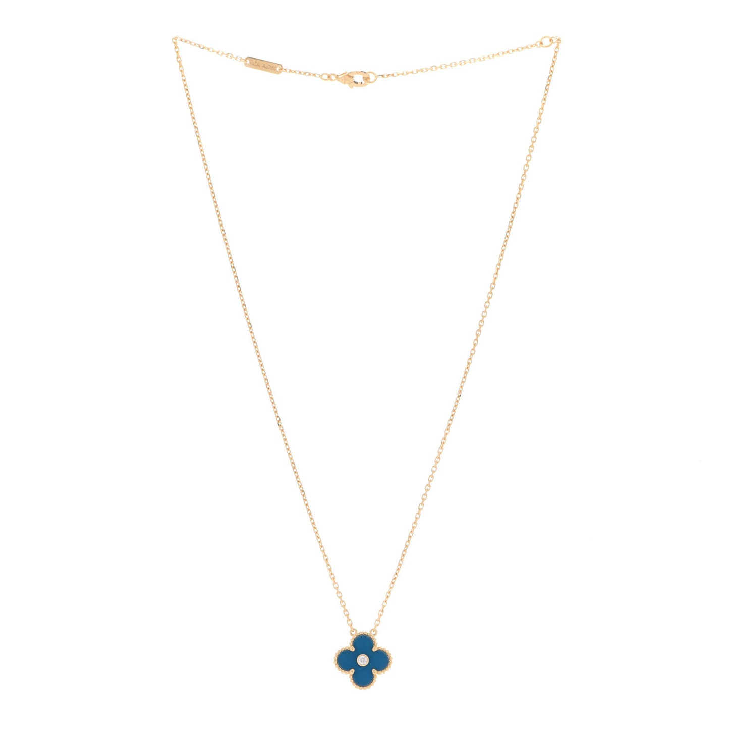 18K Yellow Gold Diamond Celestial Blue Sevres Porcelain Vintage Alhambra Pendant Necklace