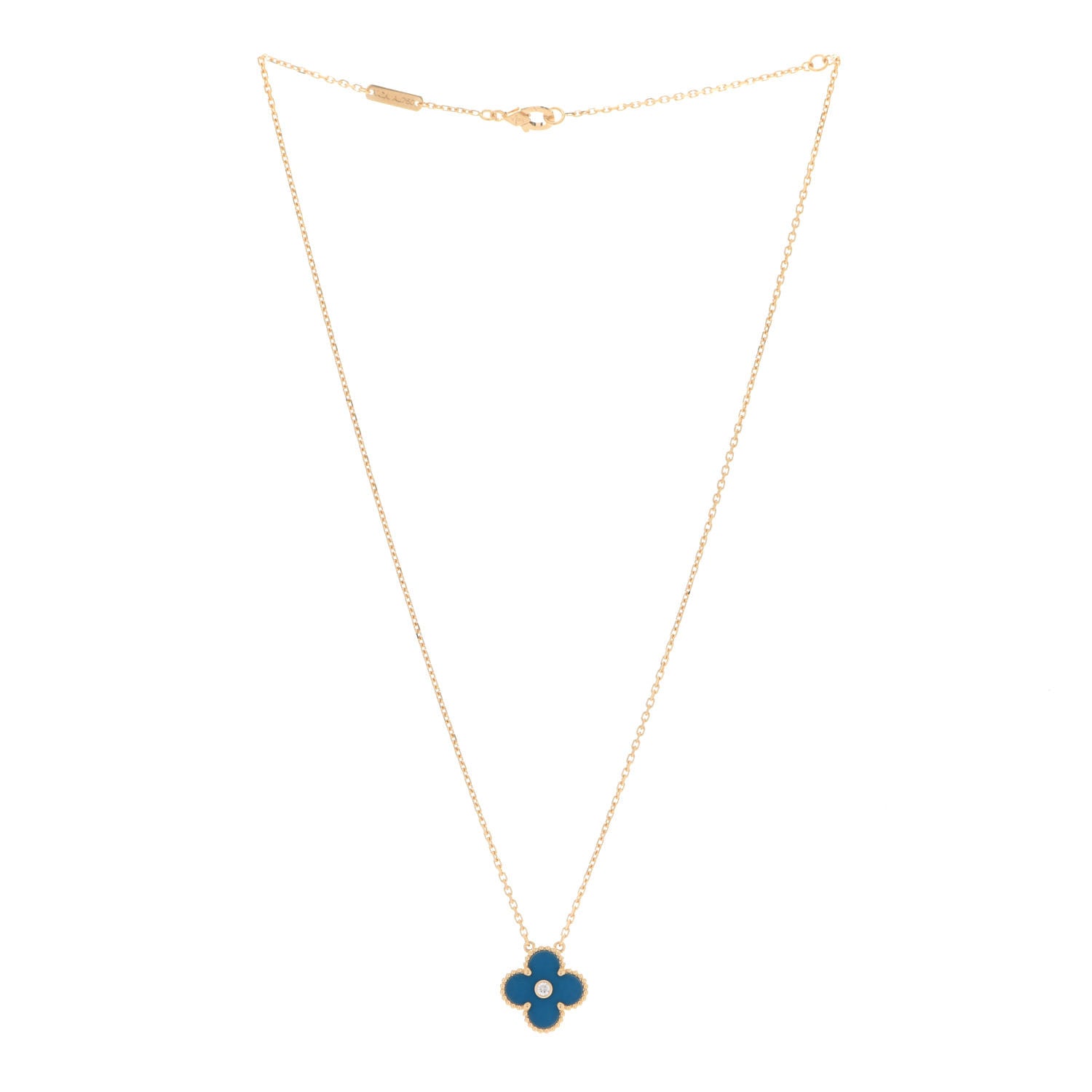 Van Cleef & Arpels 18K Yellow Gold Diamond Celestial Blue Sevres Porcelain Vintage Alhambra Pendant Necklace 3 of 6