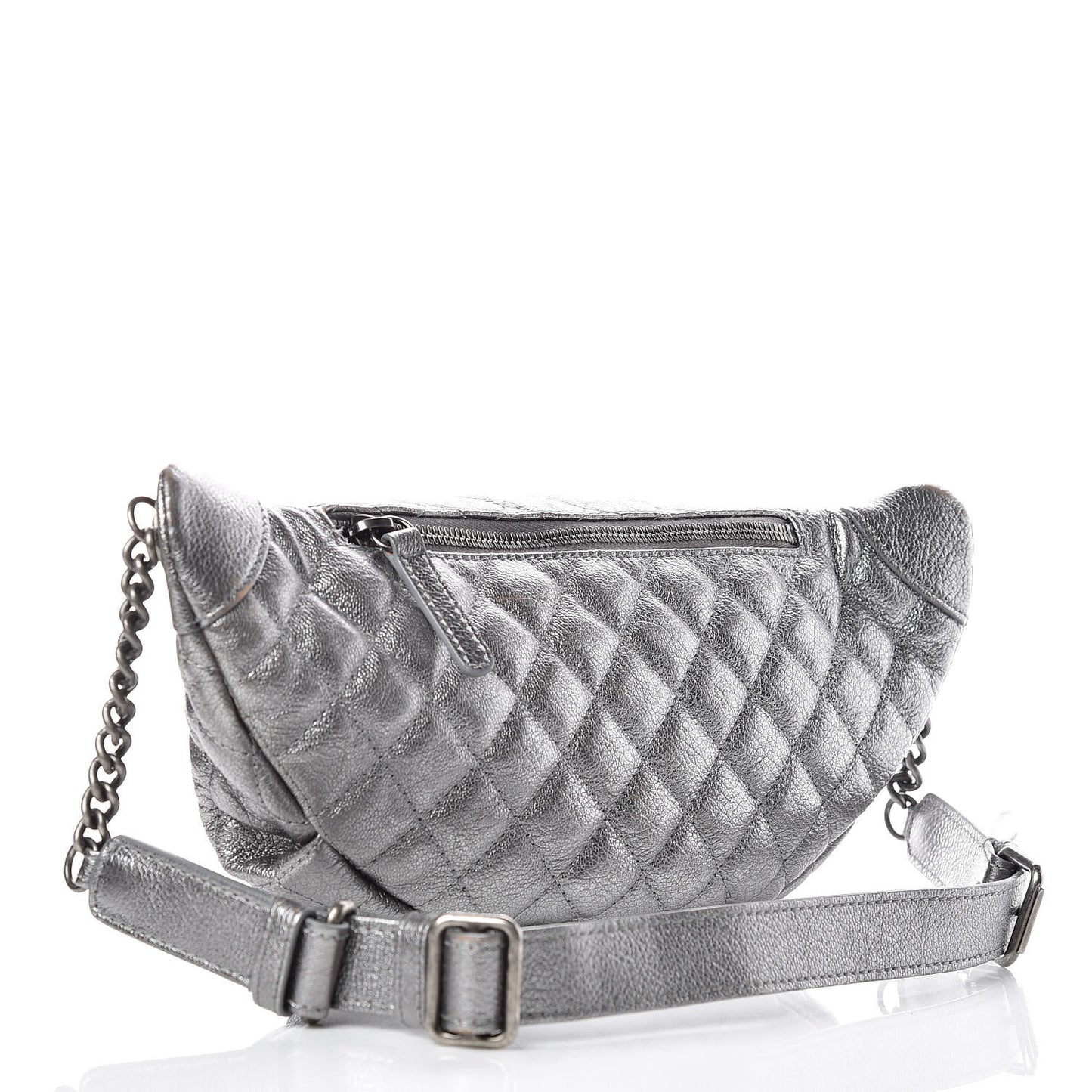 Metallic Goatskin Quilted Banane Waist Bag Fanny Pack Silver