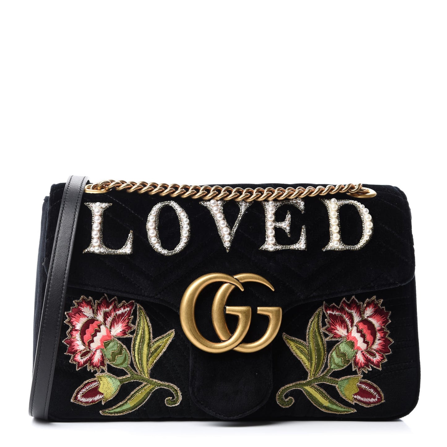 Velvet Matelasse Loved Embroidered Medium GG Marmont Shoulder Bag Black