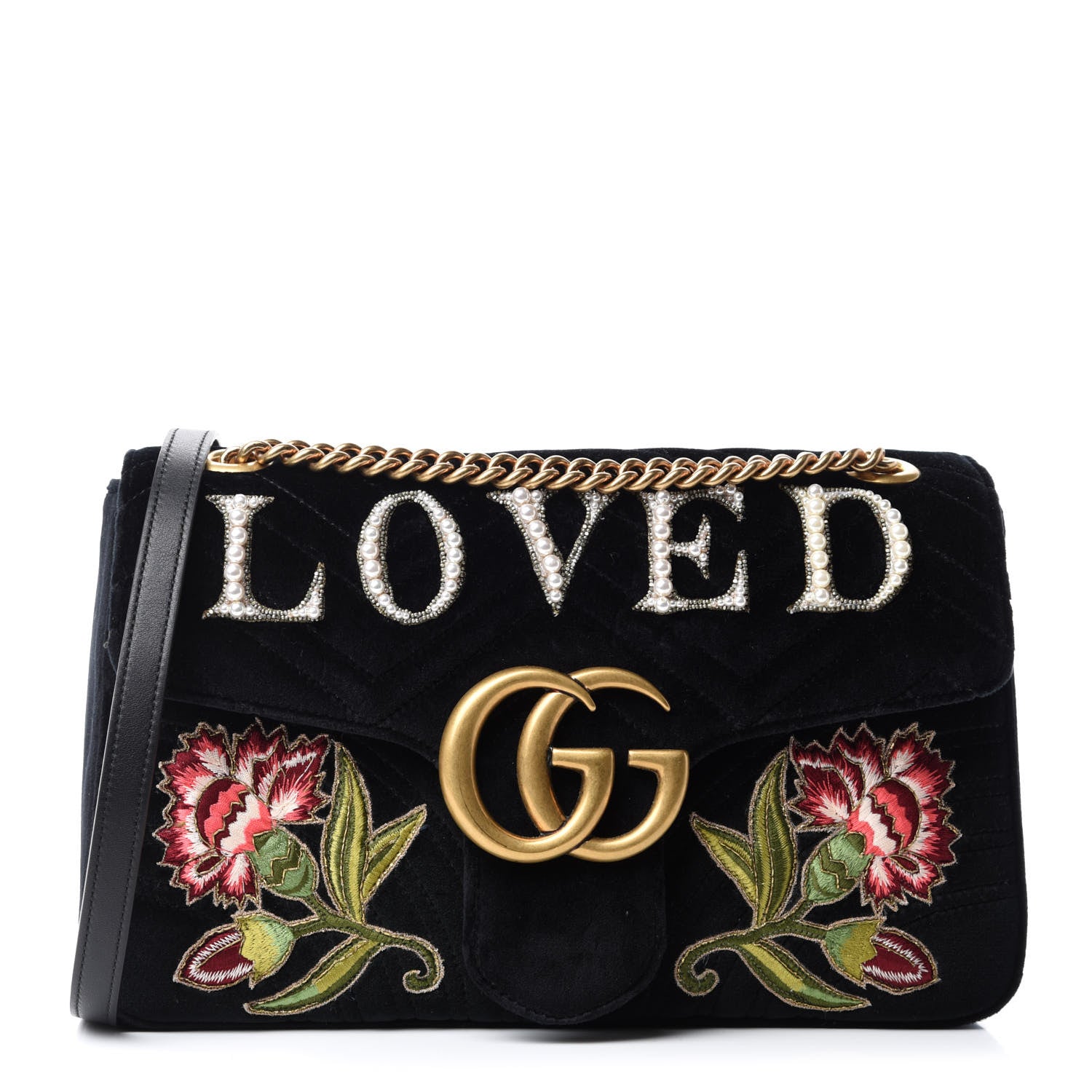 Gucci Velvet Matelasse Loved Embroidered Medium GG Marmont Shoulder Bag Black 1 of 10