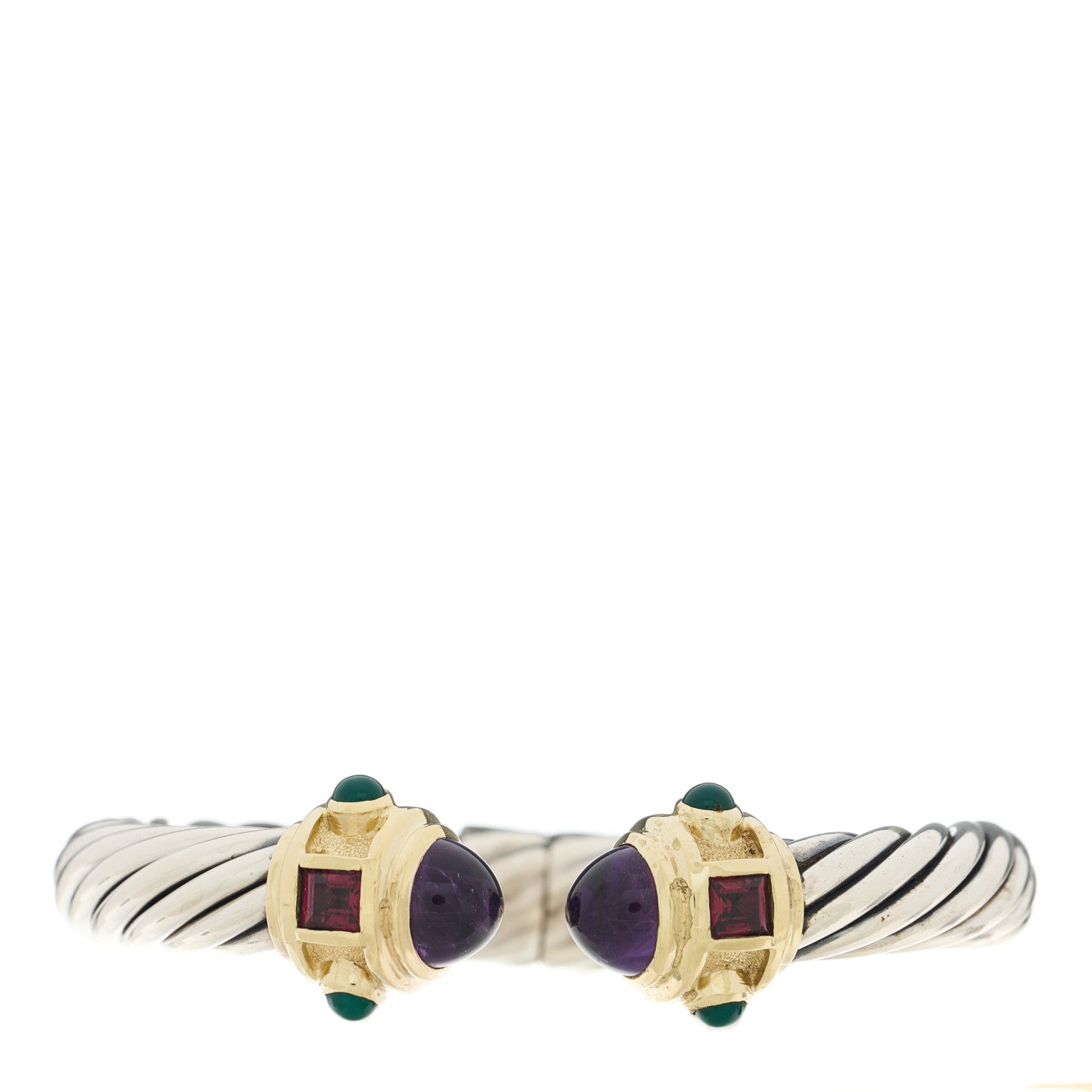 David Yurman Sterling Silver 14K Yellow Gold Amethyst Garnet Green Onyx Cabochon 10mm Cable Renaissance Bracelet 1 of 3