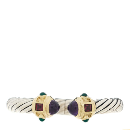David Yurman Sterling Silver 14K Yellow Gold Amethyst Garnet Green Onyx Cabochon 10mm Cable Renaissance Bracelet 1 of 3