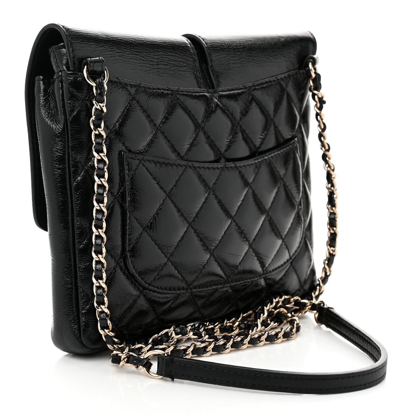 Glazed Calfskin Quilted Double Pocket Crossbody Flap Black