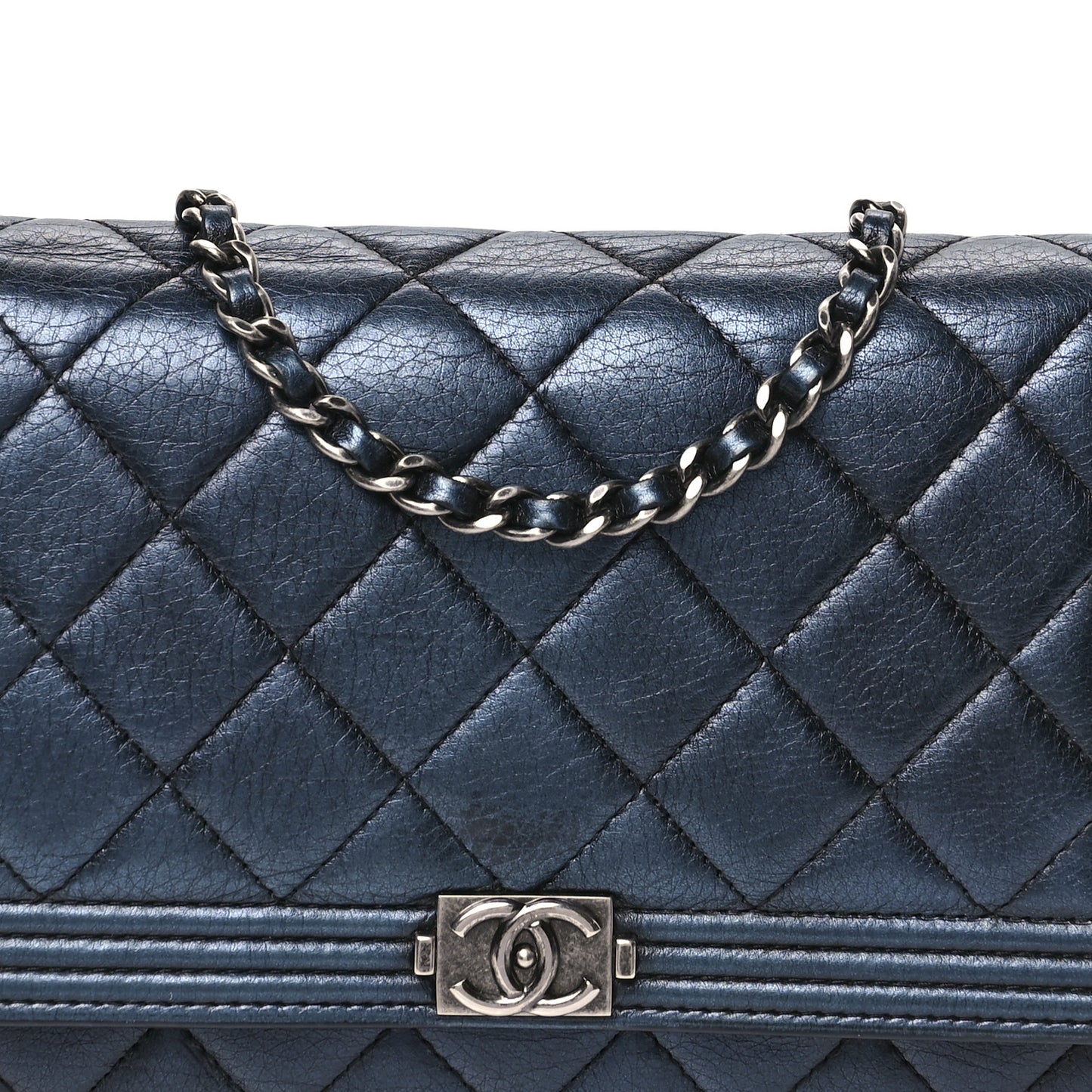 Metallic Calfskin Quilted Boy Wallet On Chain WOC Navy Blue