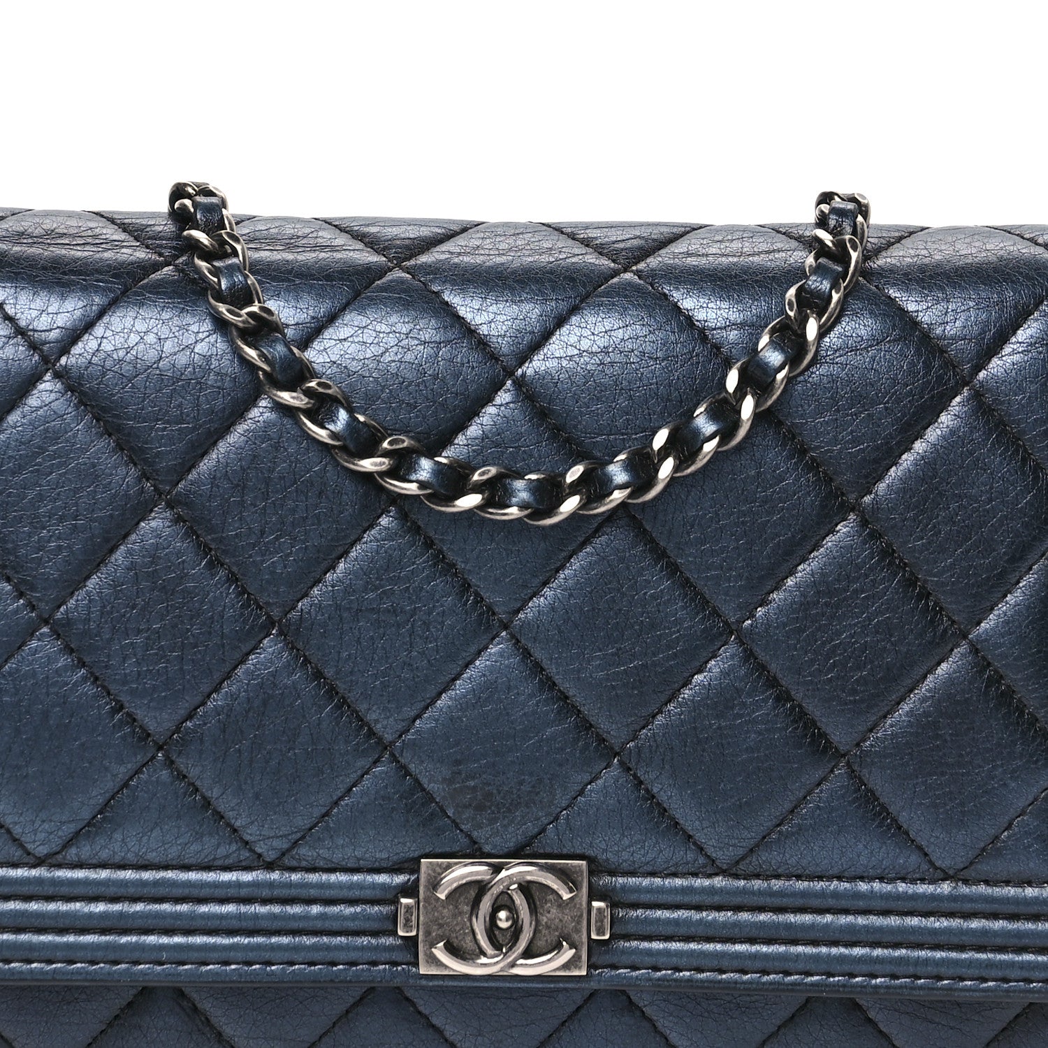 Chanel Metallic Calfskin Quilted Boy Wallet On Chain WOC Navy Blue 9 of 12