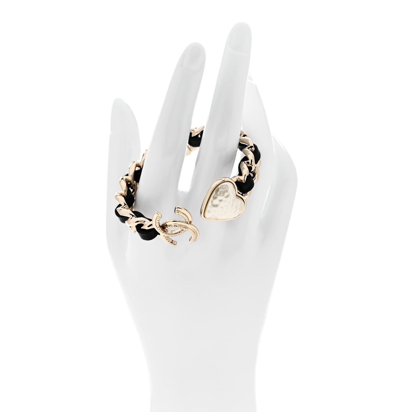 Metal Lambskin Pearl CC Heart Chain Cuff Bracelet Gold