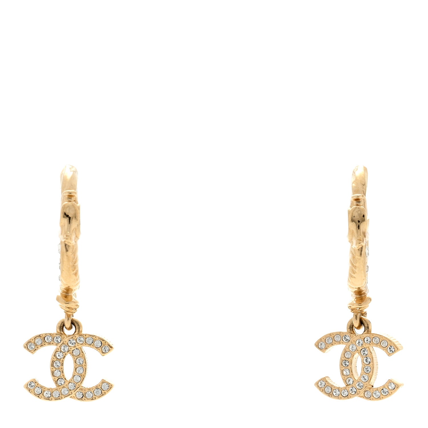 Chanel Metal Crystal Studded CC Hoop Drop Earrings Gold 1 of 4