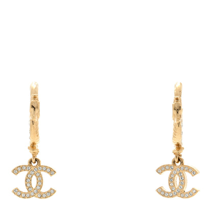 Chanel Metal Crystal Studded CC Hoop Drop Earrings Gold 1 of 4