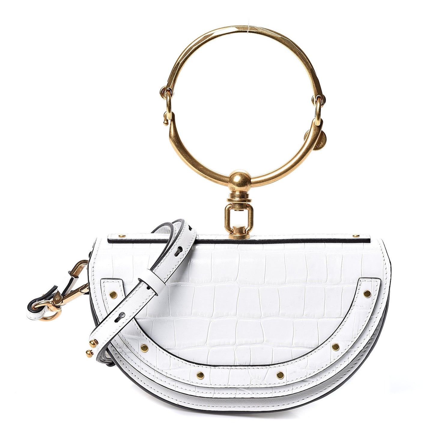 Calfskin Crocodile Embossed Small Nile Bracelet Minaudiere Bag White