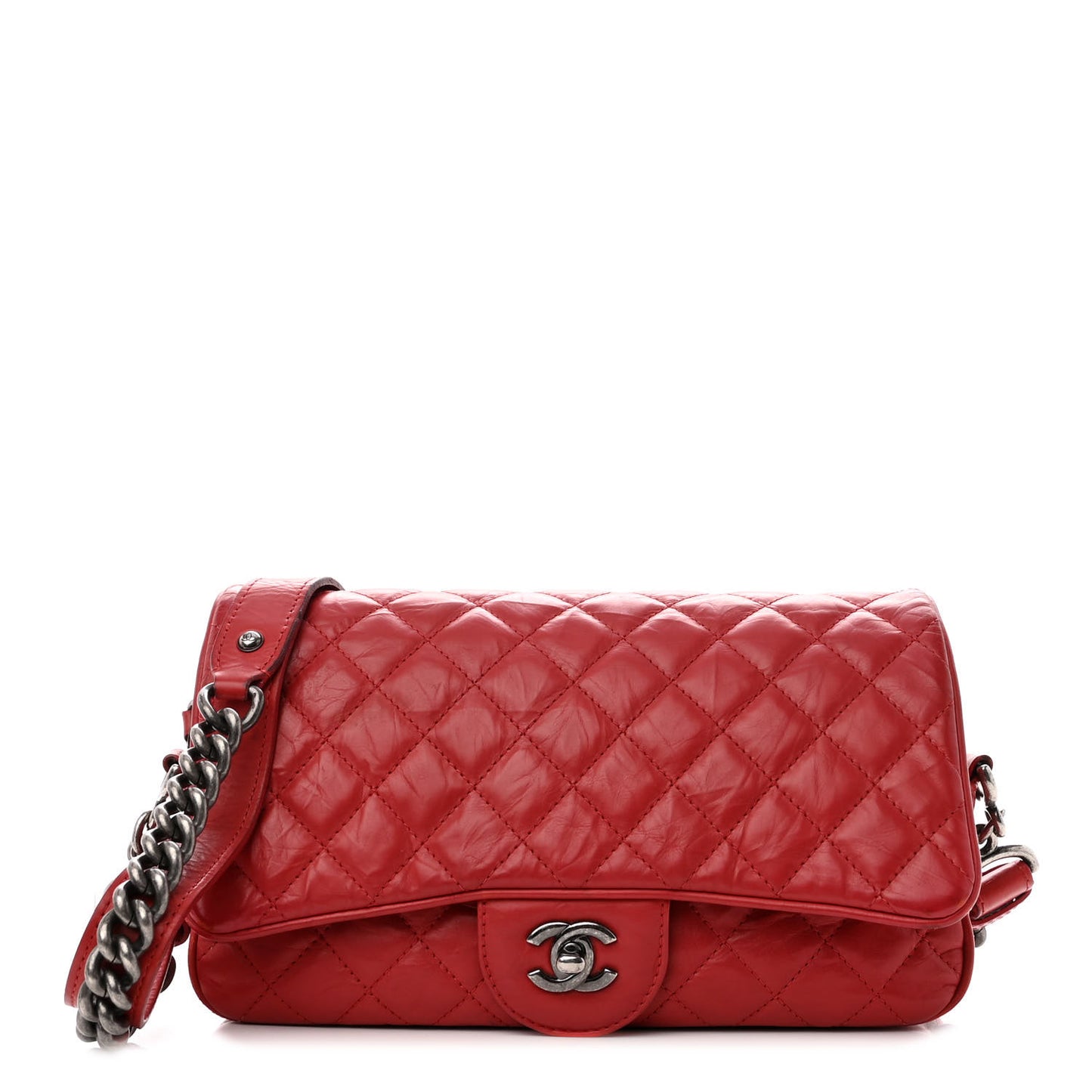 Crumpled Calfskin Quilted Small Casual Rock Flap Red