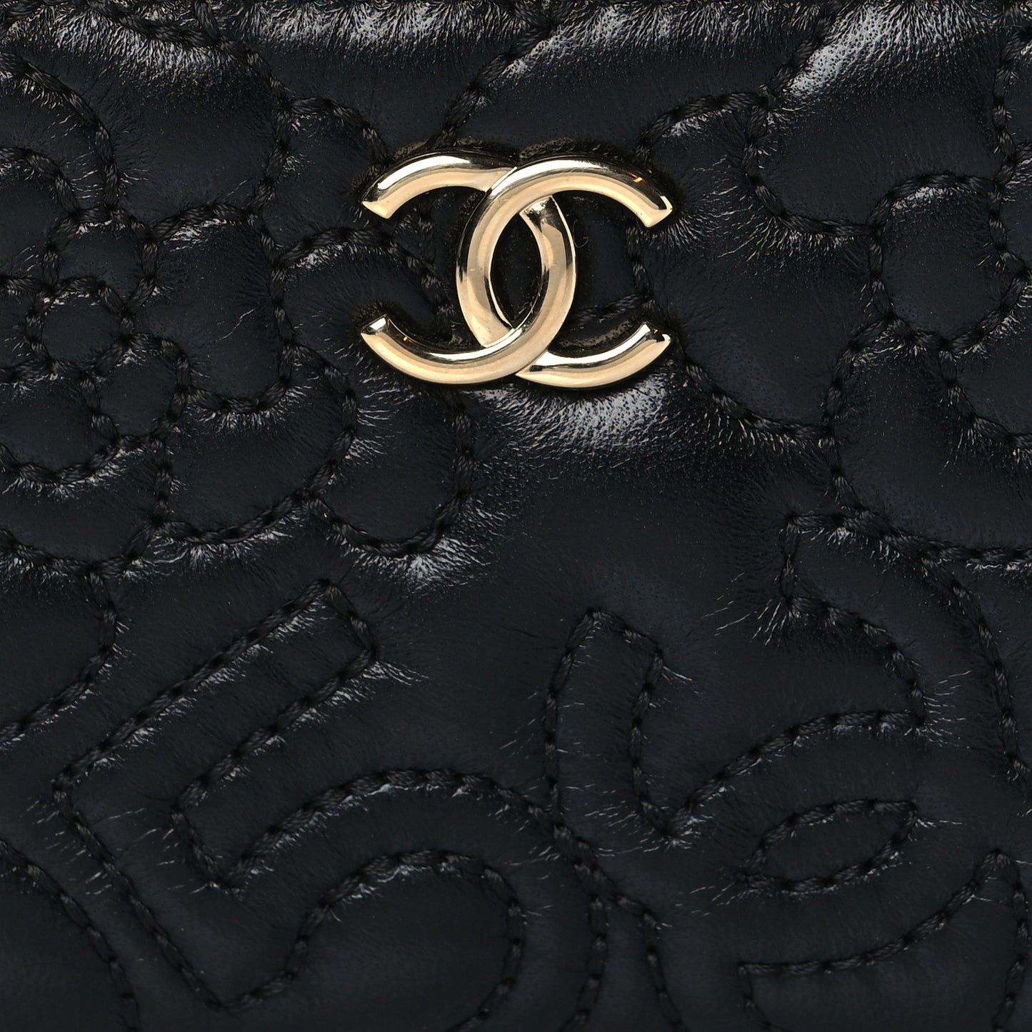 Lambskin Camellia Embossed Zip Coin Purse Black