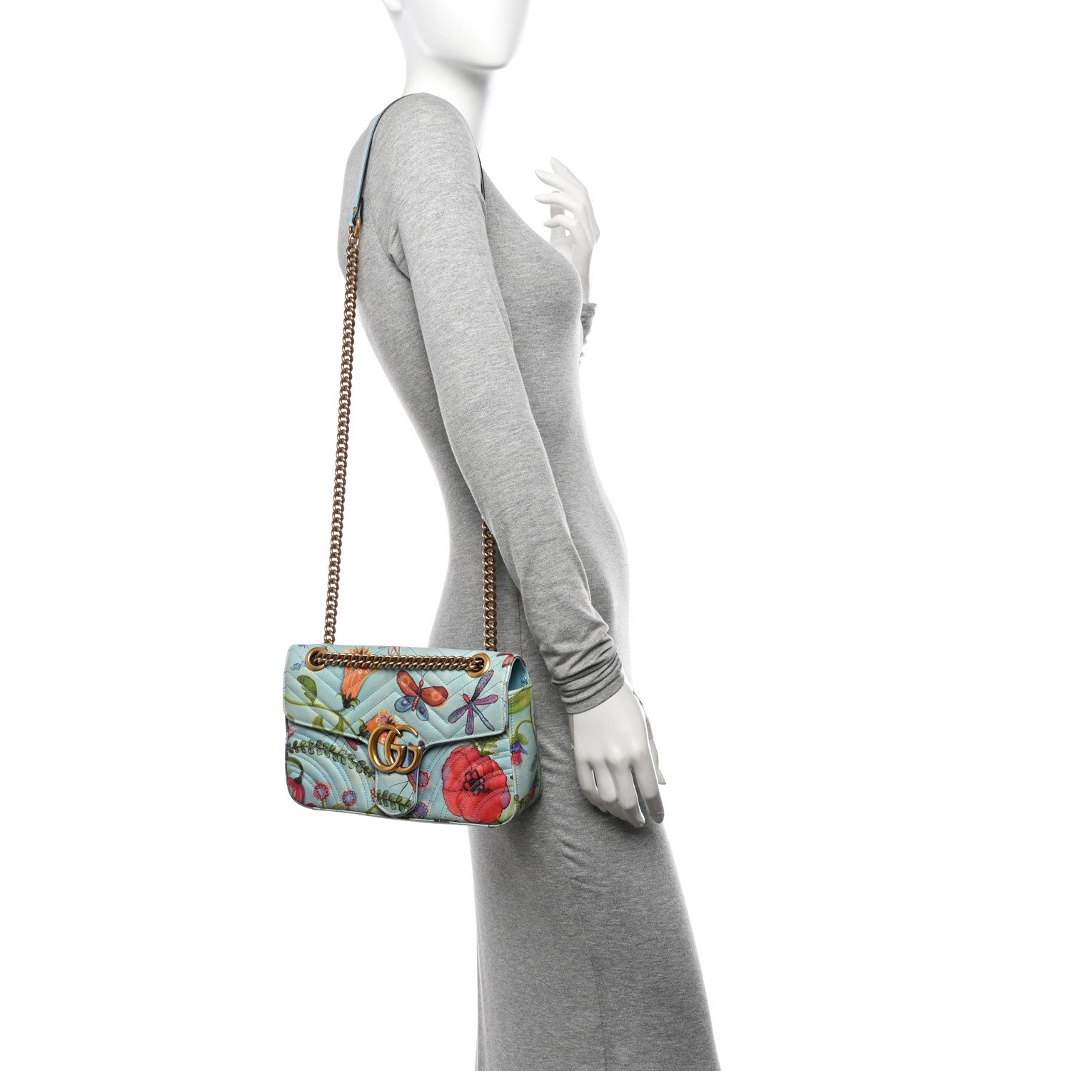 Gucci X UNSKILLED WORKER Calfskin Matelasse Flora Painted Small GG Marmont Shoulder Bag Cloudy Blue Multicolor 2 of 16