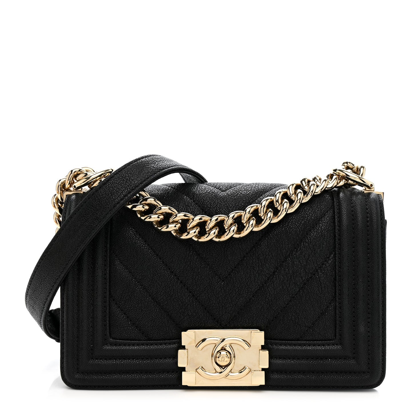 Iridescent Caviar Chevron Quilted Small Boy Flap Black