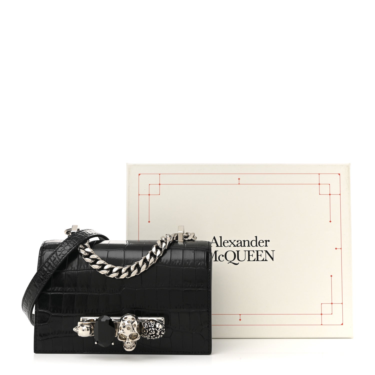 Alexander McQueen Shiny Calfskin Crocodile Embossed Mini Jeweled Satchel  Black 13 of 13