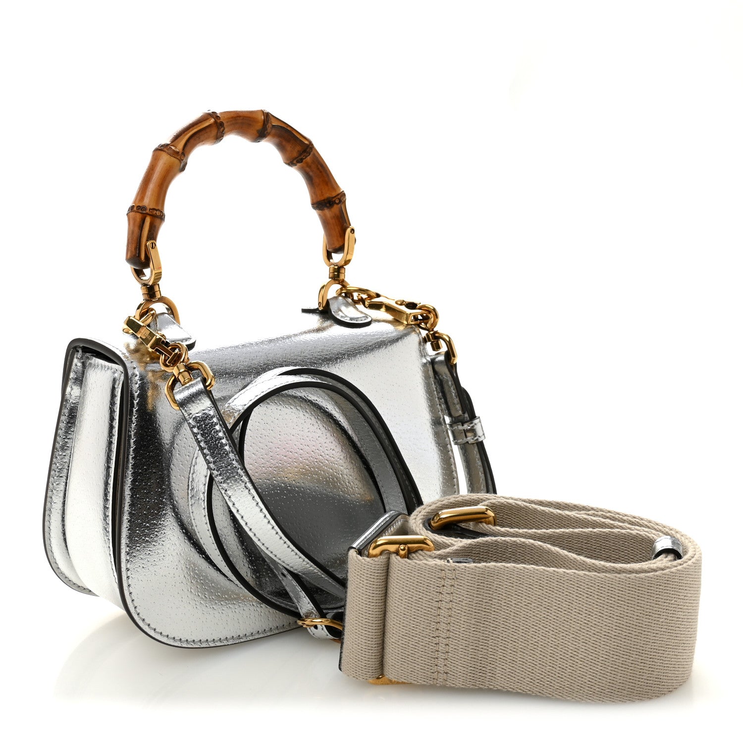 Gucci Boarded Dyana Lux Calfskin Mini Bamboo 1947 Top Handle Bag Silver 3 of 9