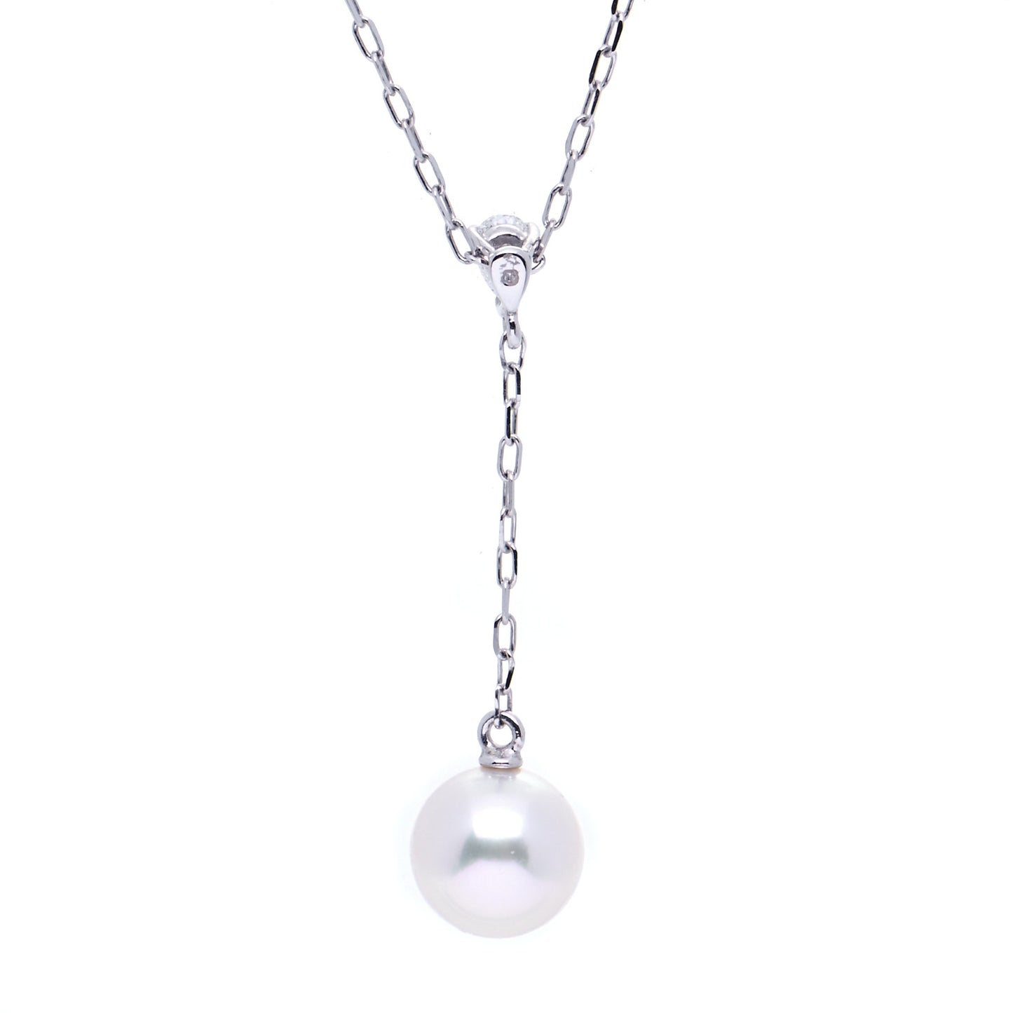 18K White Gold Akoya Pearl Diamond Drop Pendant Necklace
