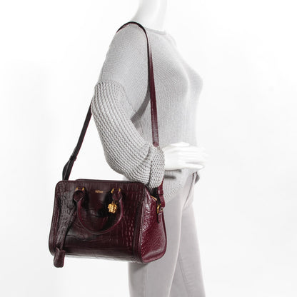 Alexander McQueen Calfskin Crocodile Embossed Small Skull Padlock Zip Around Tote Bordeaux 2 of 9