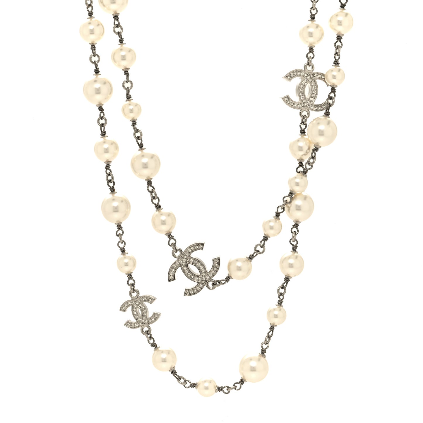 Crystal Pearl CC Long Necklace Silver