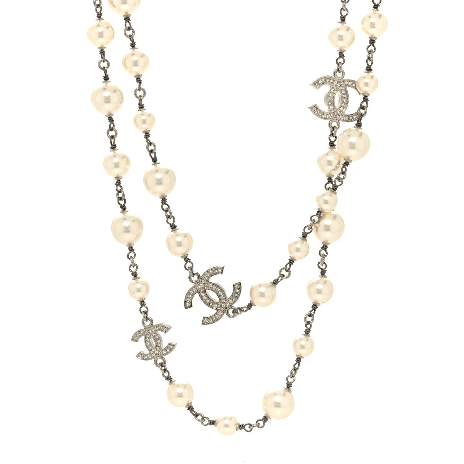 Chanel Crystal Pearl CC Long Necklace Silver 1 of 5