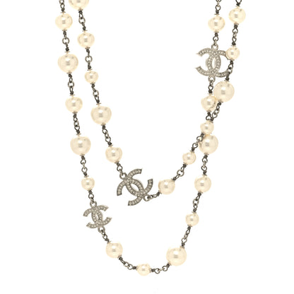 Chanel Crystal Pearl CC Long Necklace Silver 1 of 5