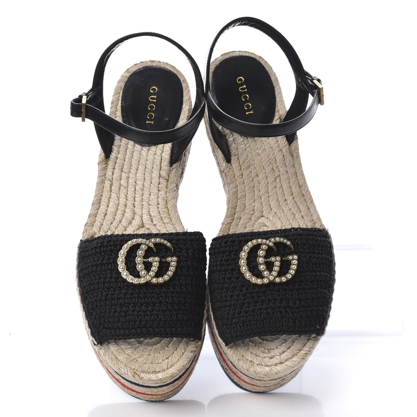 Cotton Malaga Kid Crochet Pearly GG Lilibeth Espadrille Platform Sandals 38.5 Black