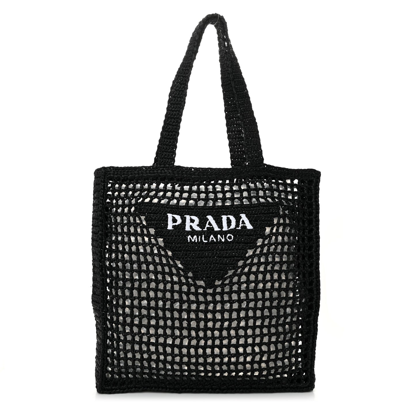 Yarn Raffia Effect Crochet Logo Embroidered Tote Bag Black