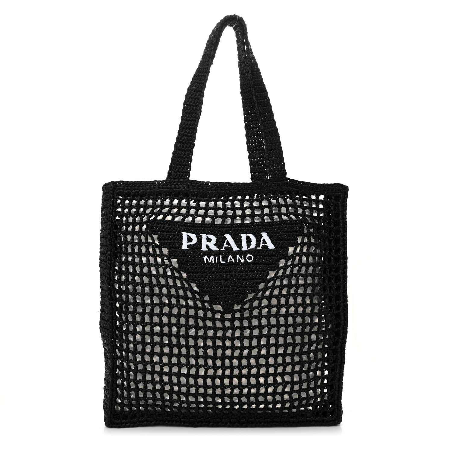 Prada Yarn Raffia Effect Crochet Logo Embroidered Tote Bag Black 1 of 9