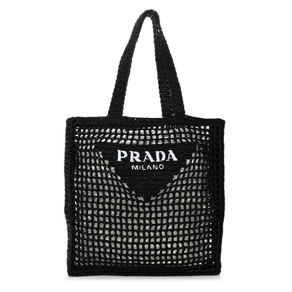 Prada Yarn Raffia Effect Crochet Logo Embroidered Tote Bag Black 1 of 9