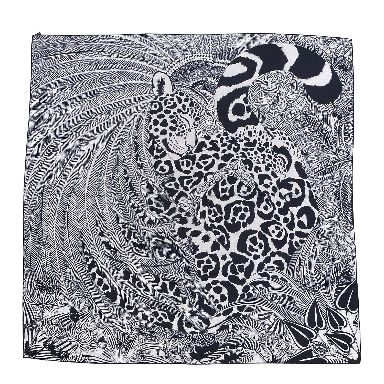 Hermes Cashmere Silk Jaguar Quetzal Shawl 140 Gris Chine Bleu Noir Gris 1 of 5