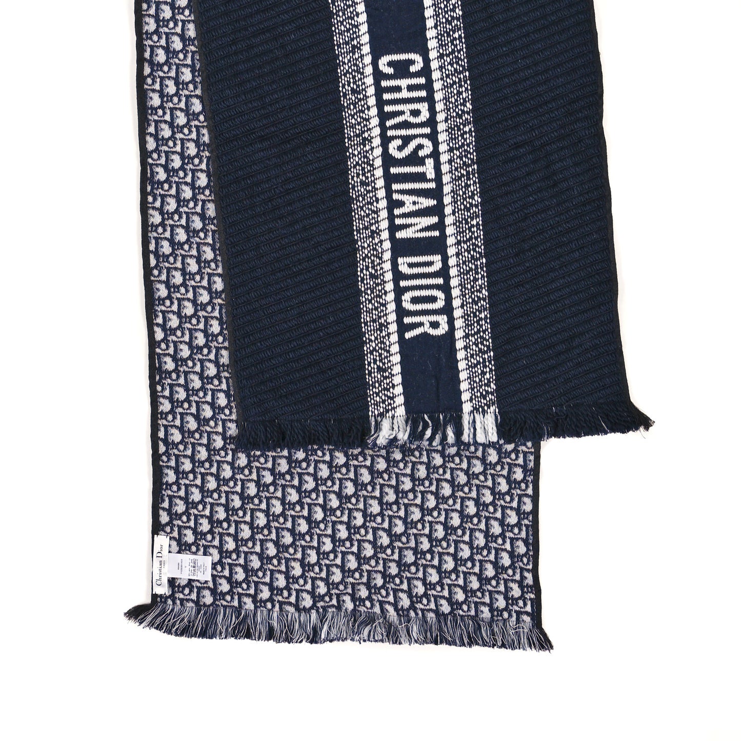 Wool Silk Oblique University Reversible Scarf Navy Blue