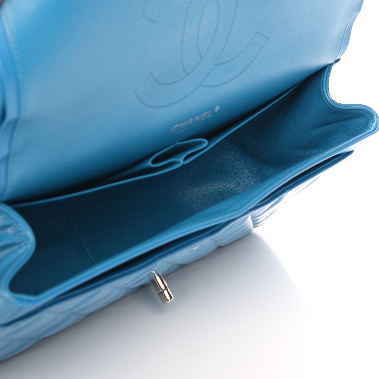 Patent Calfskin Quilted Jumbo Double Flap Turquoise