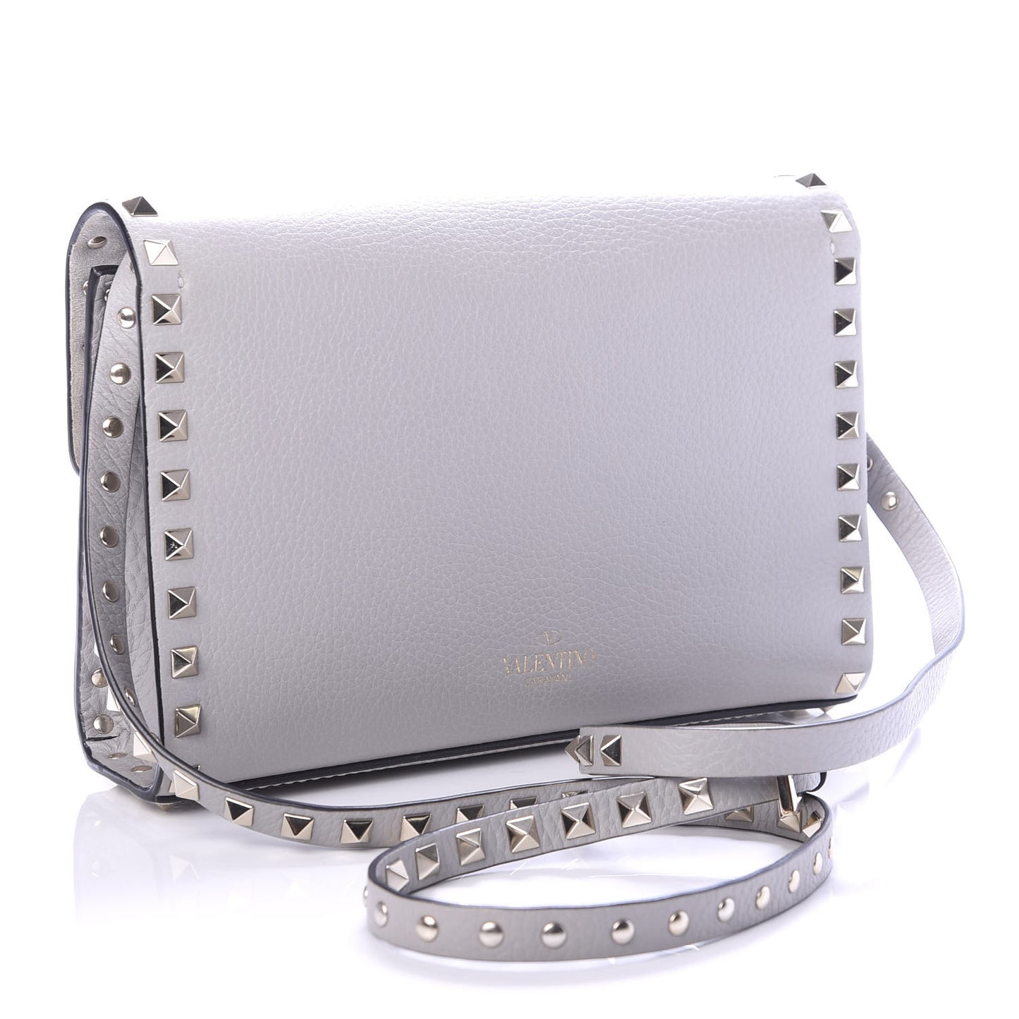 Pebbled Calfskin Medium Rockstud Flip Lock Crossbody Bag Pastel Grey