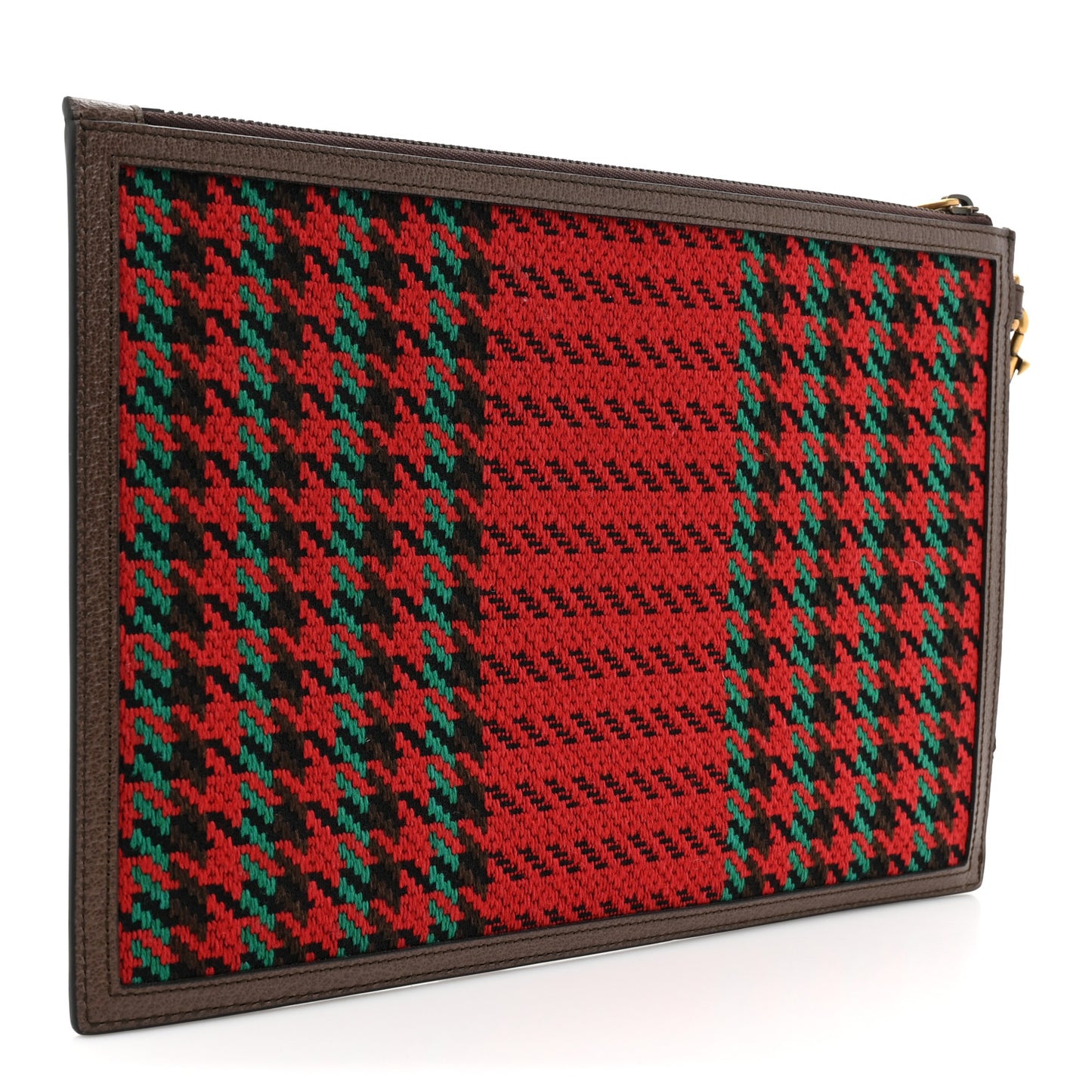 Wool Textured Calfskin Houndstooth Woven Zip Wristlet Pouch Red Green Ivory Multicolor New Acero