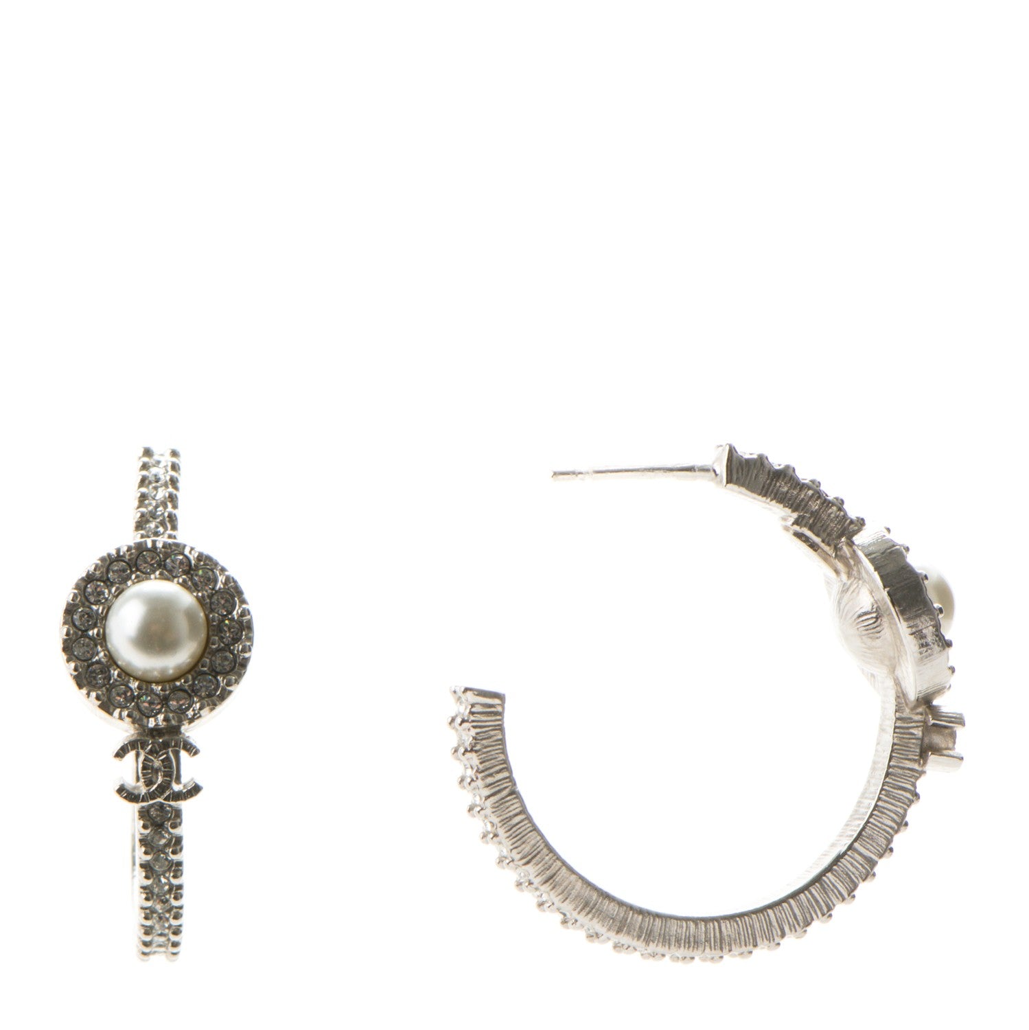 Chanel Crystal Pearl CC Hoop Earrings Silver 1 of 5