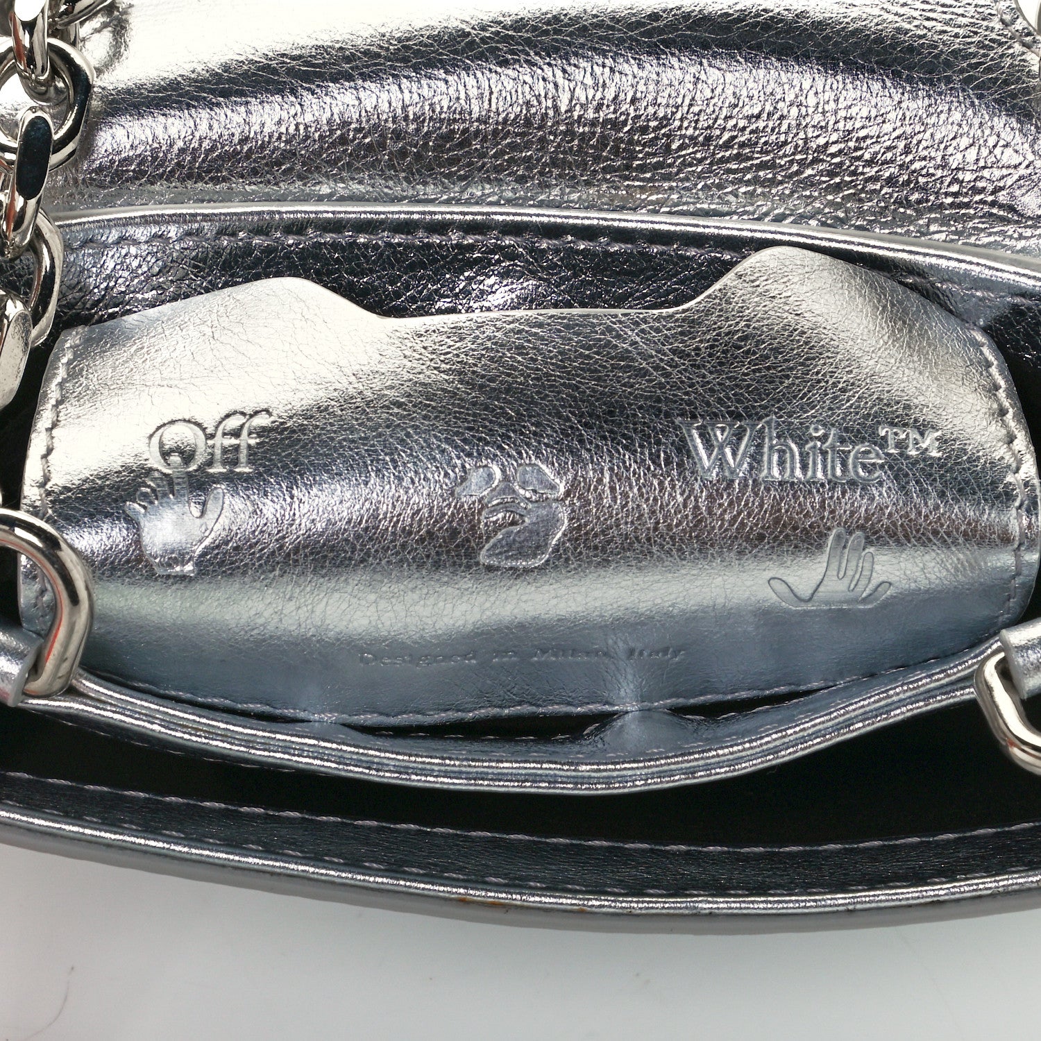 Off-White Calfskin Metallic Small Binder Clip Crossbody Silver 5 of 10